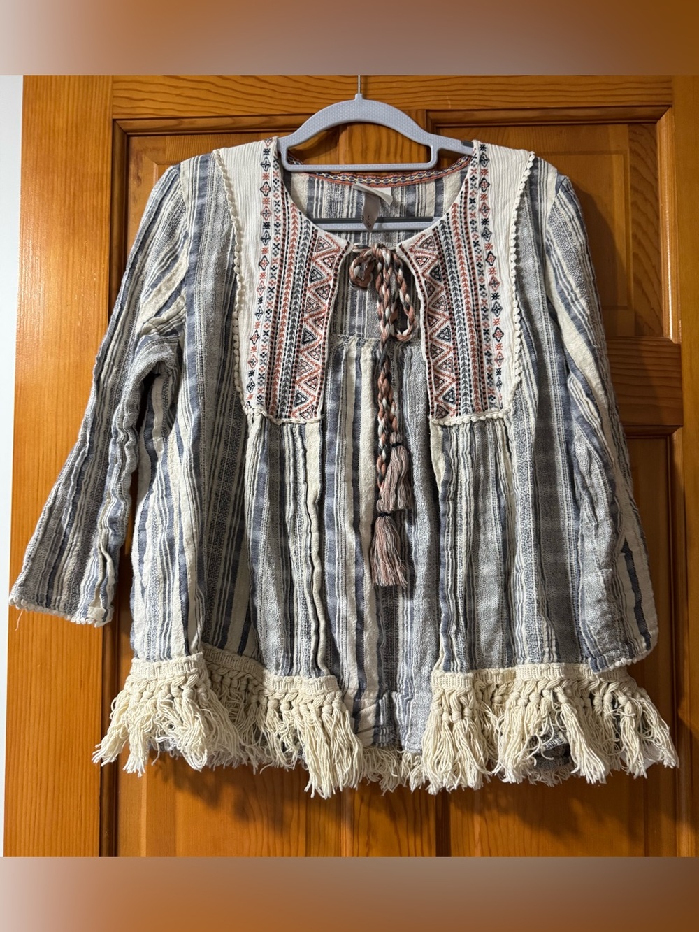 Knox Rose Cream & Blue Striped Embroidered Tassel Tunic